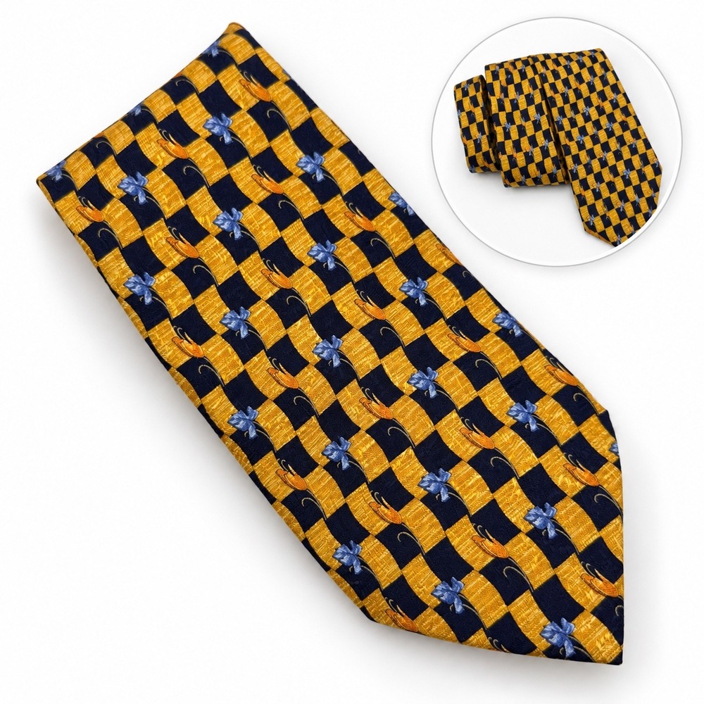 Jos. A. Bank Silk Tie OS Yellow Navy Blue Floral Checkered Italian Dark Academia